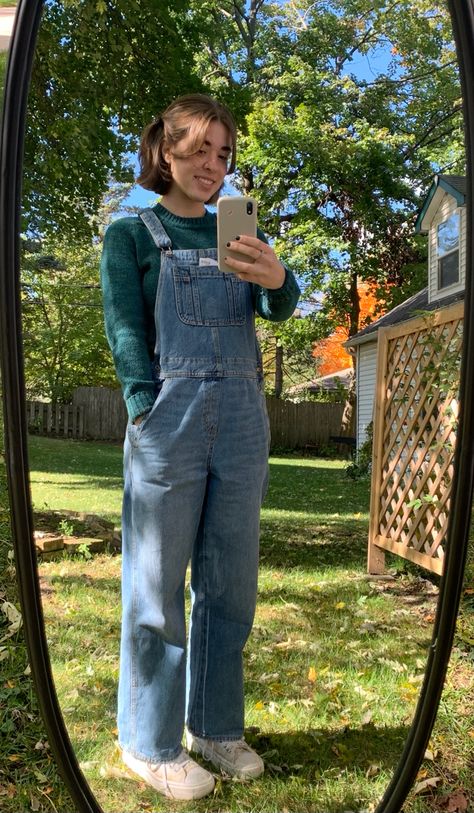 women’s bob haircut, sweater, overalls Overalls Big Bust, Long Dungarees Outfit, Fall Outfits Women Overalls, Blue Jean Overalls Outfits Winter, Unique Overall Outfits, Overalls Turtleneck Outfit, Sweatshirt With Overalls, Blue Overalls Aesthetic, Overalls With Sweatshirt