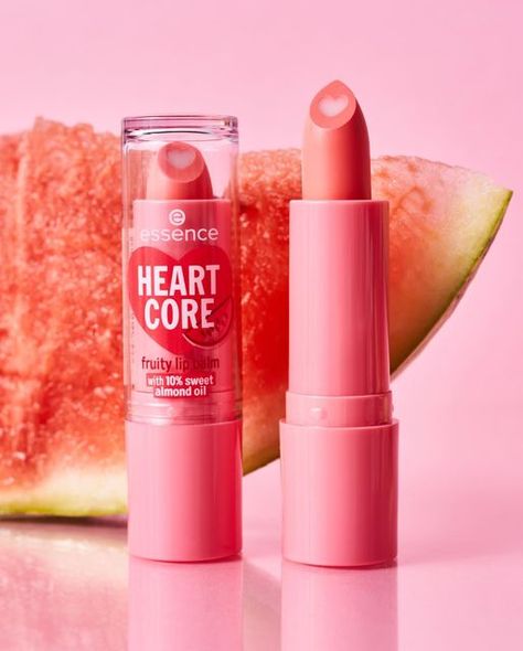 Heart Core Lip Balm, Drugstore Lippies, Heart Core, Watermelon Heart, Essence Makeup, Perfect Lips, Skin Care Items, Sweet Almond Oil, Almond Oil