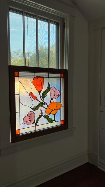 Adding Stained Glass To Windows, Shower With Stained Glass Window, Stained Glass Windows In Bathroom, Square Stained Glass Window, Bathroom Stained Glass Window, Stained Glass Bathroom, Bathroom Windows, Diy Window, Glass Bathroom