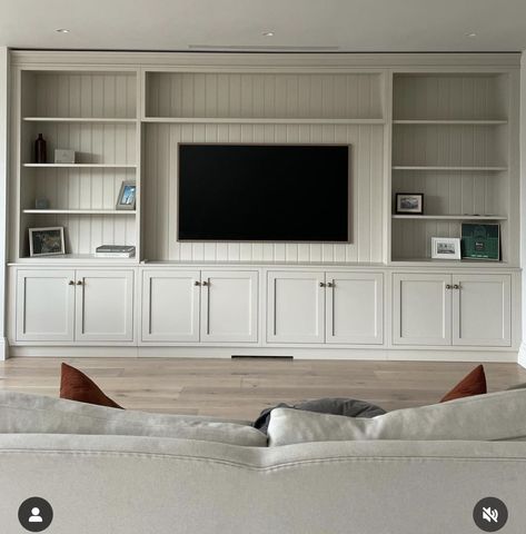 Storage Wall Tv, Library Around Tv, Floor To Ceiling Tv Unit, Diy Media Wall Built Ins, Basement Tv Built In, Long Media Wall, Living Room Tv Wall Built Ins, Entertainment Center Built In, Build In Tv Cabinet Wall Units