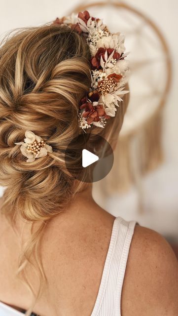 Liz Cooper on Instagram: "Flower crown perfection by @lunaandwild 🌿  Love how much volume a flower crown can add if you feel your hair doesn’t get enough lift at the front also it’s so lovely to have a pop of colour and detail at the front instead of all styling at the back!  @lunaandwild adorned our boho looks @theweddingparty_events last month if you missed it check out her other dreamy pieces 🌿🫶🏼  Styled with @kevin.murphy   #driedflowercrown #flowercrown #bohobride #bohoupdo #updos #updospecialist #bridalhairstylist #hampshirebride #bridalhaireducation" Boho Updo, Boho Looks, Boho Flower Crown, Kevin Murphy, Boho Bride, Boho Look, Last Month, Flower Crown, A Flower