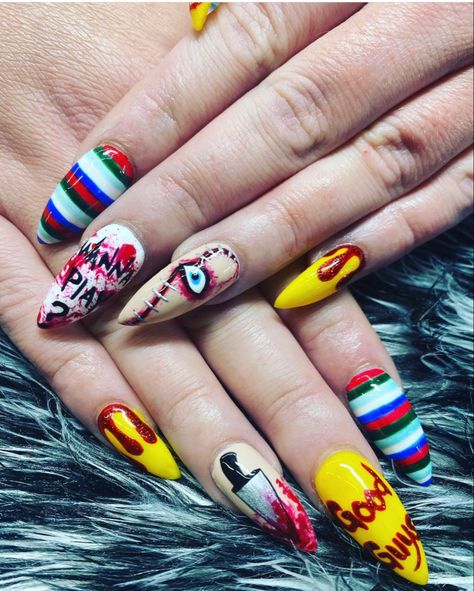 Childs Play Nail Art, Jigsaw Nail Art, Mojo Jojo Nails, Childs Play Nails, Chucky Nails Short, Chucky Themed Nails, Chucky Nail Designs, Chuckie Nails, Halloween Nails Chucky