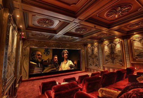 Our award winning home cinema. Old Money Cinema Room, Home Theatre Aesthetic, Cinema Room Aesthetic, Old Cinema Theater, Dark Blue And White Bedroom, Blue And White Bed, Blue And White Bedroom Ideas, French Chateau Home, French Chateau Homes