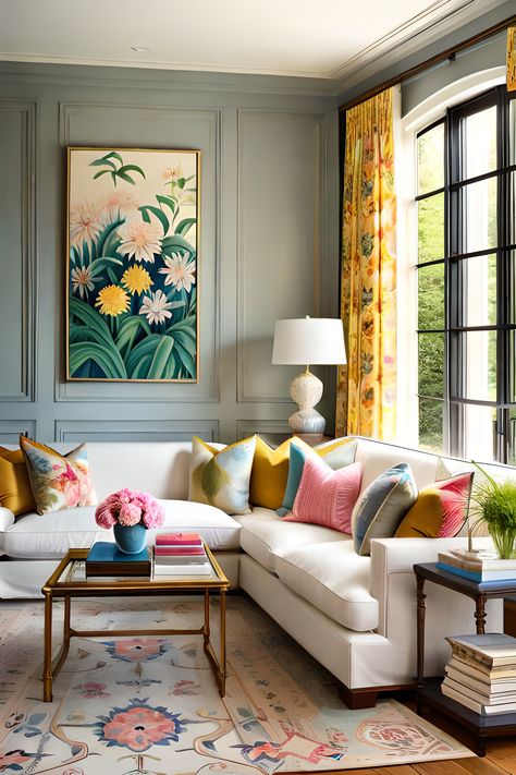 Colorful French Decor, Bold Room Design, Citrus Interior Design, Home Decor Inspo Living Room, Mixing Traditional And Modern Decor, Family Room Designs, Ruang Tamu Outdoor, Family Den, Colorful Room