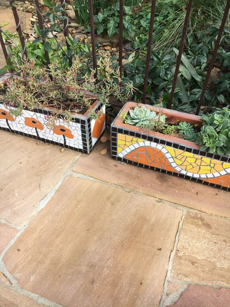 Mosaic planter boxes | Mosaic planters, Mosaic pots, Mosaic flower pots Diy Backyard Decor, Easy Mosaic, Mosaic Planters, Mosaic Furniture, Mosaic Art Diy, Mosaic Pots, Mosaic Flower Pots, Mosaic Garden Art, Cement Art