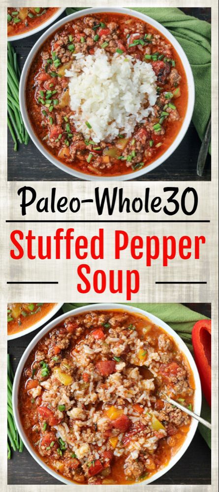 Paleo Whole30 Stuffed Pepper Soup - Real Food with Jessica Whole 30 Stuffed Pepper Soup, Crockpot Soup Recipes Paleo, Stuffed Pepper Soup Cauliflower Rice, Stuffed Pepper Soup With Cauliflower Rice, Whole30 Stuffed Peppers, Paleo Bell Pepper Recipes, Paleo Stuffed Pepper Soup, Chicken Rice Crockpot Recipes Dairy Free, Paleo Crockpot Soup