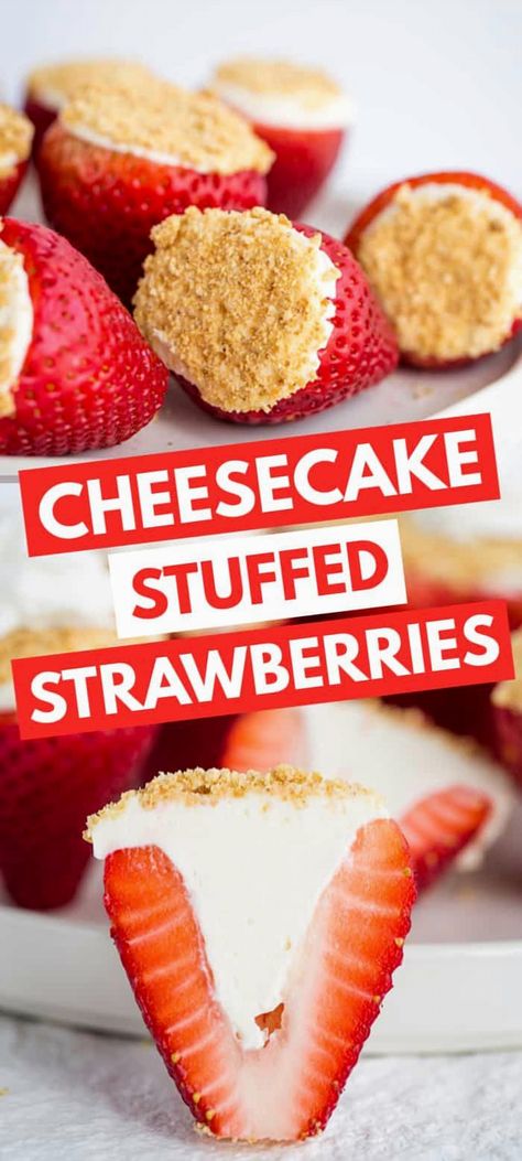 Indulge in the delightful combination of creamy cheesecake and fresh strawberries with these Cheesecake Stuffed Strawberries. Perfect for when you crave the taste of cheesecake without the wait, these treats are ready to enjoy the same day. Each strawberry is generously filled with a smooth, no-bake cheesecake filling, sprinkled with crunchy graham cracker crumbs, and finished with a delicate swirl of whipped cream. Ideal for dessert lovers and perfect for any occasion, these bite-sized delights offer a burst of flavor in every mouthful. Strawberry Filled With Cheesecake, Strawberry Cheesecake Wontons, Strawberry Cream Cheese Recipes, Strawberry Graham Cracker Dessert, Cheesecake Deviled Strawberries, Strawberry Crunch Cheesecake Cones, Strawberry Cheesecake No Bake, Deviled Strawberries, Cheesecake Cones