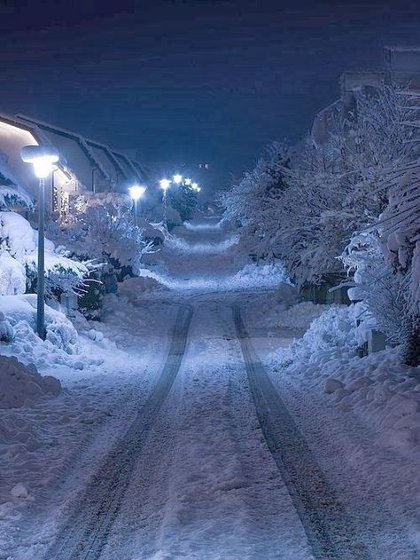 Snow night. | Interesting Shots Snow Places, Lights In The Dark, Cold Pictures, Snowy Road, Village Road, Lonely Road, Snowy Village, Snow Night, Snowy Night