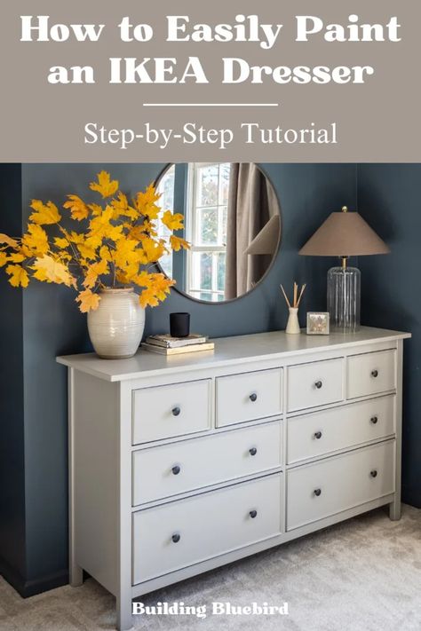 How to Paint an IKEA Dresser with Laminate Wood - Building Bluebird Repainting Ikea Dresser, How To Paint Ikea Hemnes Dresser, Refinish Ikea Dresser, How To Paint A Dresser, Painting Ikea Dresser, Paint Ikea Dresser, Paint Ikea Furniture, Ikea Dresser Makeover, Ikea Hemnes Dresser