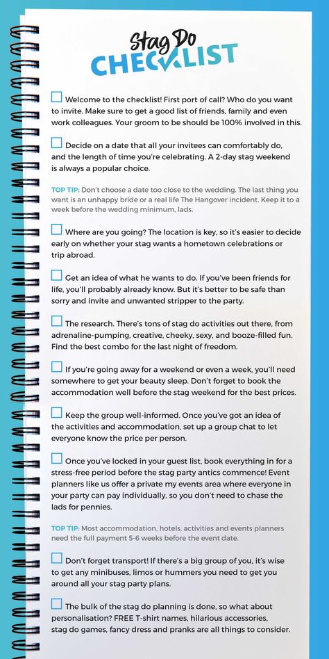 Is it Your Job to Organise the Last Night of Freedom?CLICK THROUGH to a stag do checklist and take a bit of the stress off your shoulders. Inside the free checklist you'll find all the tips, tricks and advice you need to make the upcoming stag weekend celebrations one to remember! #stagdoideas #stagdoactivities #uniquestagdoideas #stagdoplanning #stagdoplanning #stagdohelp #howtoplanastagdo #stagdochecklist #checklist #bachlorplanning #bachlorpartyplanning #bachelorpartychecklist #bachelorparty Stag And Doe Planning Checklist, Stag And Drag Ideas, Stag Party Ideas, Bachelor Party Checklist, Stag Do Ideas, Bachelor Night, Stag And Doe, Party Checklist, Free Checklist