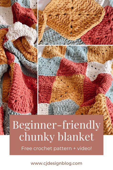 Crochet Blanket With Blanket Yarn, Beginners Granny Square Blanket, Granny Square Blanket With Backing, Fuzzy Granny Square Blanket, Modern Crochet Blanket Granny Squares, Crochet Blanket Plush Yarn, Thick Granny Square Blanket, Granny Square Crochet Pattern Chunky Yarn, Blanket Crochet Square