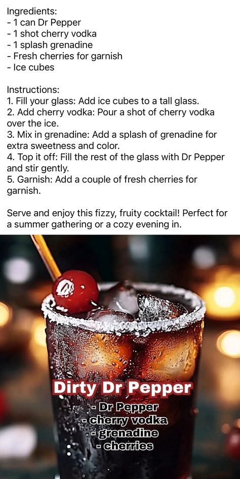 Dirty Dr Pepper, Rum Drinks Recipes, Hard Drinks, Christmas Drinks Alcohol Recipes, Christmas Drinks Alcohol, Cherry Vodka, Fun Drinks Alcohol, Vodka Cocktails Recipes, Vodka Recipes