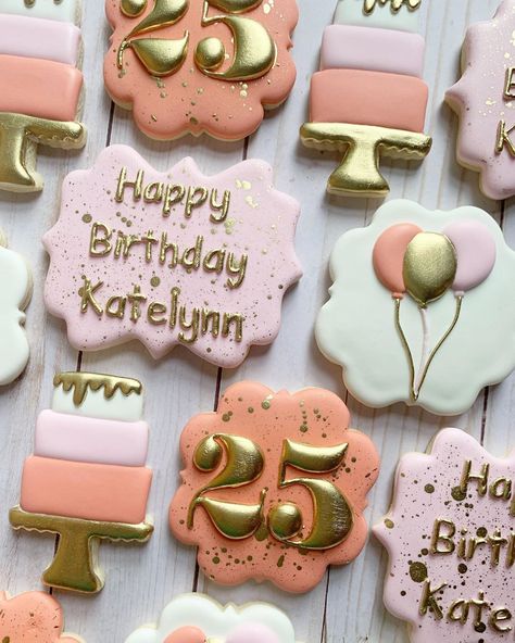 Golden Cookies Decorated, 23 Birthday Cookies, Golden Birthday Cookies Decorated, 25th Birthday Cookies, Golden Birthday Cookies, Golden Cookie, Birthday 25, Gold Cookies, Royal Icing Cakes