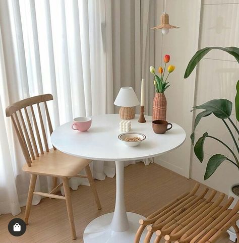 Cute Bedrooms, Table Aesthetic, Interior Dapur, Circular Table, Korean Design, Table Bedroom, Apartment Aesthetic, White Minimalist, Cafe Interior Design