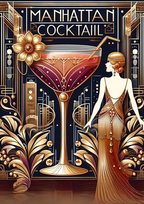 Add a touch of 1920s glamour to your space with this stunning Art Deco Manhattan cocktail print. Featuring intricate gold detailing, rich red and black tones, and a beautifully styled flapper figure, this digital artwork captures the elegance and sophistication of the iconic cocktail. Perfect for home bars, dining areas, or any space needing a vintage-inspired upgrade. This high-resolution digital download is ideal for cocktail lovers, art deco enthusiasts, and those looking to add a luxurious v Wall Art For Bar Area, 1920s Cocktail Bar, Art Deco Ballroom, Art Deco Signs, Prohibition Aesthetic, 1920s Art Deco Aesthetic, Art Deco Speakeasy, 1920 Aesthetic, 1920s Bar