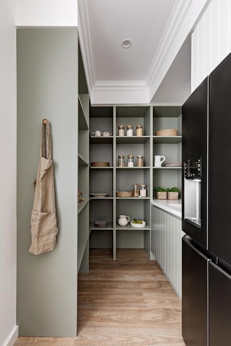 V Groove Kitchen, Butlers Pantry Layout, Kitchen With Butlers Pantry Layout, Small Butlers Pantry Ideas, Butlers Pantry Design, Small Butlers Pantry, Butlers Pantry Ideas Layout, Gold Tapware, Angled Roof