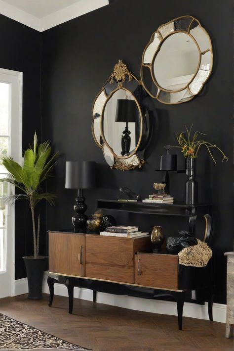 Black Magic paint, wall colors, home decor, living room ideas Black Living Room Accent Wall, Sw Black Magic, Room Painted Black, Black Accent Wall Living Room, Black Walls Living Room, Living Room 2024, Cute Cottages, Black Accent Walls, Black Living Room