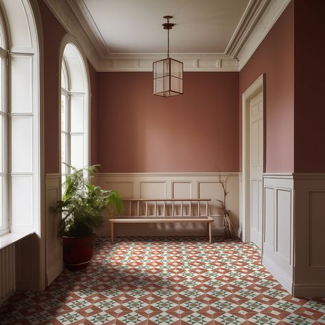 Red Victorian Bathroom, Victorian Entrance Tiles, Edwardian Style Bathroom, Red And White Tiles, Victorian Tiled Floor, Victorian Bathroom Floor Tiles, Check Kitchen Floor, Tiled Entrance Hall, Red Bathroom Tiles