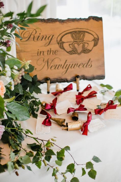 Irish wedding bells, ring in the newlyweds, wedding reception entrance, unique wedding ideas #weddingsigns #weddingreception Irish Wedding Bells, Ireland Wedding Decor, Irish Wedding Ideas Decorations, Elope Ireland, Irish Wedding Decor, Irish Wedding Ideas, Traditional Irish Wedding, Irish Wedding Favors, Handfasting Ideas