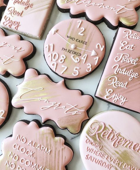 Retirement Cake Decorations, Retirement Cookies, Teacher Retirement Parties, Royal Icing Decorated Cookies, Royal Iced Cookies, Pink Cookies, Party Cookies, Sugar Cookie Royal Icing, Retirement Party Decorations