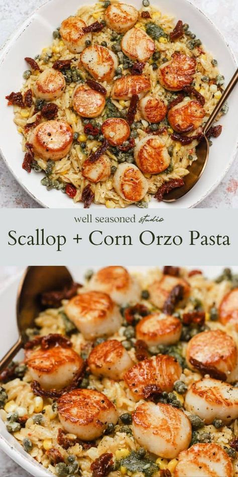 Pasta With Corn, Crispy Capers, Scallop Recipes Pasta, Summer Suppers, Scalloped Corn, Scallop Pasta, Fried Capers, Fresh Scallops, How To Cook Scallops