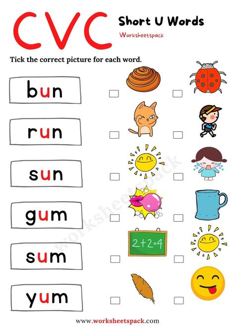 Free Short U Worksheets for Kindergarten - worksheetspack Short Vowel U Worksheets, Vowel U Worksheets, A Worksheets For Kindergarten, Short U Worksheets, Short A Worksheets, Jolly Phonics Activities, Counting Backwards, Remedial Reading, Nursery Worksheets