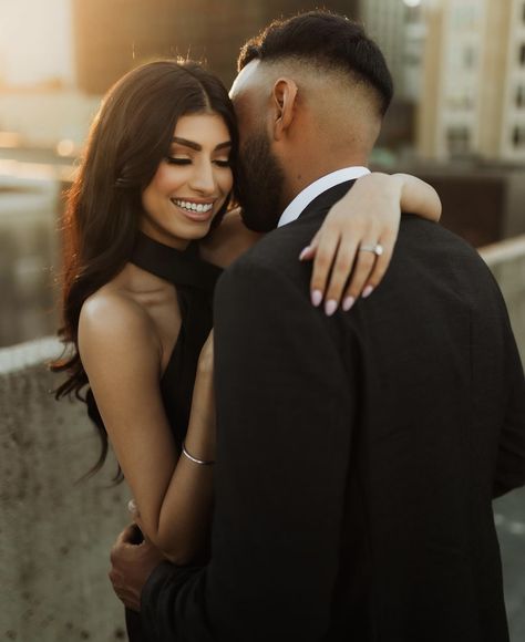 Couple Photoshoot In Black Outfit, E Shoot Ideas, Engagement Photos Wearing Black, Couple Elegant Photoshoot, Engagement Photos Picking Her Up, Black Engagement Photoshoot, Engagement Photo Black Dress, Modern Couples Photoshoot, Engagement Photoshoot Classy