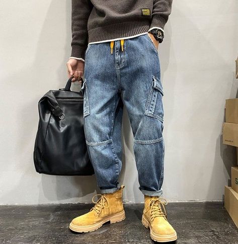 Multi-Pocket Wide-leg Custom Denim Trousers Men Jeans Streetwear Men, Baggy Fashion, Jeans Custom, Men's Cargo Pants, Jeans Streetwear, Trousers Men, Custom Denim, Streetwear Men, Jeans For Men