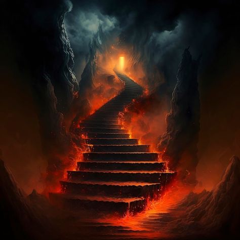 Stair Wallpapers, Gates Of Hell Tattoo, Hell Paintings, Hell Wallpapers, Hell Background, Staircase To Heaven, Basement Stairs Ideas, Stair Art, Stairs To Heaven