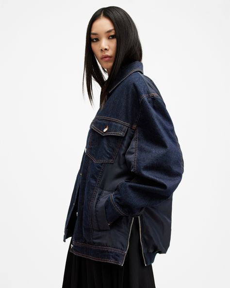 We always turn to denim. The Dillan Bomber is crafted from organic cotton to an oversized fit that's gathered at the sleeves for a cool slouchy shape. The classic trucker silhouette is brought up to date with functional side zips that allow you to open the jacket up completely - talk about versatile styling. This is the ultimate easy-going top layer as we transition into cooler weather.  This jacket is designed to be worn oversized Button closure Long sleeve Collar Gathered at the back and arms Jeans Trousers Women, Oversized Denim Jacket, Black Denim Jacket, Jacket Long, Denim Jacket Women, Sweaters And Jeans, Trucker Jacket, Jeans For Sale, Jacket Sale