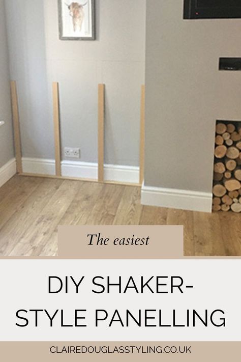 mdf shaker-style strips leaning against a wall in living room alcove. Half Wall Paneling Ideas Living Room, Diy Feature Wall Ideas, Hallway Panelling Ideas, Hallway Decorating Colours, Shaker Wall Panelling, Wall Paneling Ideas Living Room, Dining Room Feature Wall, Half Wall Ideas, Dining Room Paneling