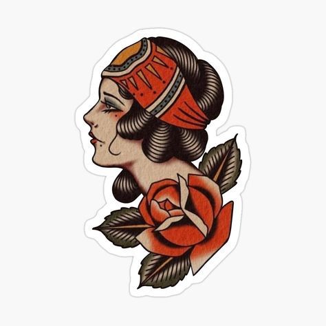 Romani Hand Tattoo, American Traditional Romani, Romani Tattoos Traditional, Romani Head Tattoo, Romani Girl Tattoo, American Traditional Lady Head Tattoo, Tattoo Romani, Lady Head Tattoo Traditional, Traditional Lady Face Tattoo