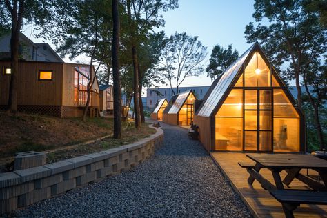 A Camping Village in South Korea Draws Inspiration From an Iconic Fairy Tale - Dwell Home Gym Design Garage, A Frame House, Wood Siding, Village House Design, Forest House, Village Houses, Architecture Photo, Cabin Homes, Architecture Project