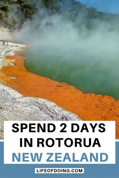 Want to visit Rotorua, New Zealand? Read more on how to spend 2 days in Rotorua. Go on adventures, hike mountains, and see lots of bubbly geothermal springs and hot springs. Rotorua itinerary | Rotorua in 2 days itinerary | Things to do in Rotorua New Zealand | What to do in Rotorua | Where to go in Rotorua | Places to visit in Rotorua NZ | Rotorua New Zealand photography #LifeOfDoing Road Trip New Zealand, New Zealand Photography, Nz South Island, New Zealand Wine, New Zealand Beach, New Zealand Itinerary, Rotorua New Zealand, North Island New Zealand, New Zealand Adventure