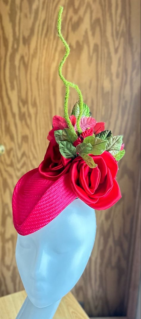 Pink and red fascinator with satin fabric roses, green and red millinery leaves ans green decor.  One of a kind Red Fascinator, Pink Fascinator, Air Hostess, Fabric Roses, Green Decor, Royal Ascot, Derby Hats, Green And Red, Pink And Red