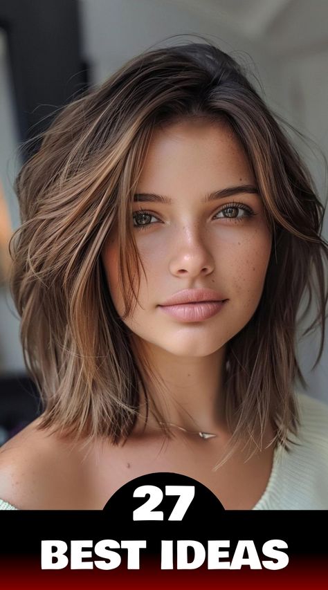 Discover 27 stunning shoulder length haircuts for 2024 that will refresh your look. Explore trendy bobs, layered cuts, and chic shags perfect for any face shape and hair type. 2024 Shoulder Length Haircuts, Short Haircuts For Long Face Shape, 2024 Shoulder Length Hair, Trendy Short Hair Styles 2024, Shoulder Haircut With Layers, Trendy Bob Haircuts 2024, Medium Brown Haircut, Women’s Shoulder Length Hair Styles, Haircut Medium Layered Shoulder Length