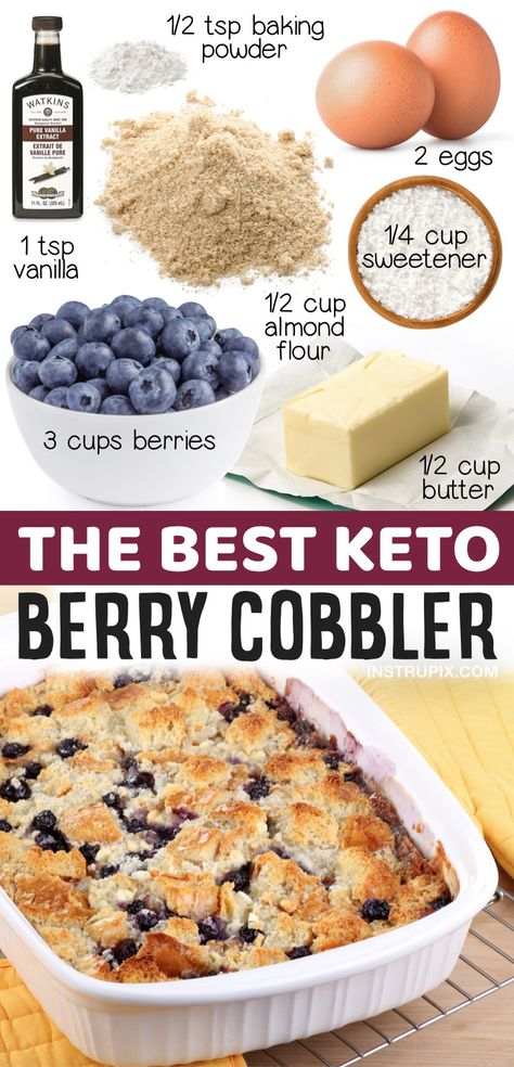 Keto Berry Cobbler Made With Almond Flour | 20 Easy Keto Dessert Recipes That Don't Taste Low Carb -- If you're looking for simple low carb treats, this homemade keto cobbler is amazing! Fun and easy to bake with no chocolate. A nice change from the usual fat bombs or mug cakes. Keto Berry Cobbler, Keto Cobbler, Easy Keto Dessert Recipes, Easy Keto Desserts, Easy Keto Dessert, Keto Quiche, Desserts Keto, Berry Cobbler, Breakfast Low Carb