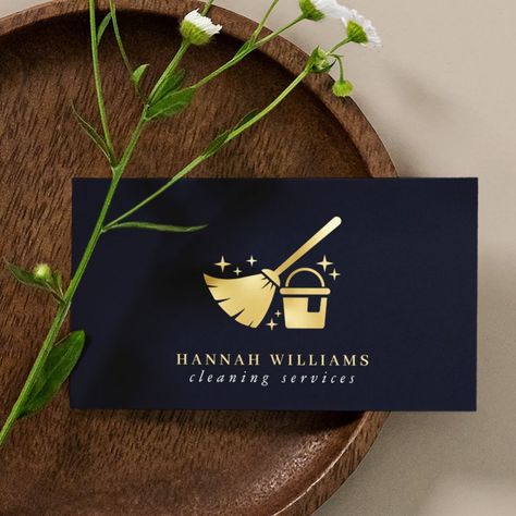 Navy & Gold House Cleaning Services  Business Card  Zazzle Business Card Ideas For Cleaning Service, Cleaning Services Business Cards, Cleaning Company Business Cards, Cleaning Cards Business Ideas, Cleaning Business Logo Ideas, Clean Service Logo, Cleaning Logo Design Ideas, Cleaning Service Logo Ideas, Cleaning Service Business Cards