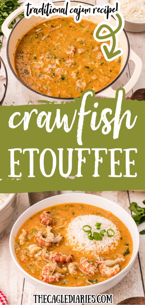 Two pictures of crawfish etouffee one in a pot, one dished out in a bowl with a scoop of rice added. Dinner Food Recipes, Crawfish Etoufee Recipe, How To Cook Crawfish, Crawfish Etouffee Recipe, Crawfish Dishes, Louisiana Dishes, Etouffee Recipe, Crawfish Recipes, Cajun Crawfish