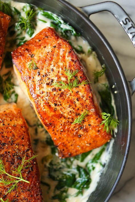 Salmon with Garlic Cream Sauce Garlic Cream Sauce, Pan Seared Salmon, Seared Salmon, Seafood Dinner, Cream Sauce, Fish Dishes, Seafood Dishes, Salmon Recipes, Fish Recipes