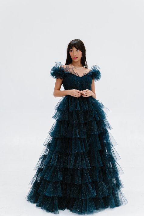 Ava Gowns, Midnight Blue Gown, It Follows, Other World, Fantasy Princess, Senior Prom, Gathered Skirt, Tulle Fabric, Ruffled Sleeves