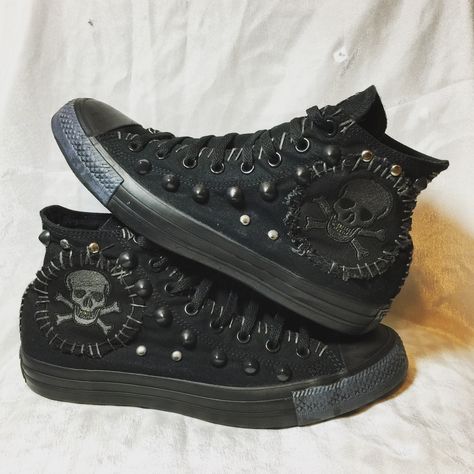 Rocker shoes from Chad Cherry Clothing. Distressed heavy metal, punk rock, horror shoes. Punk Converse, Heavy Metal Clothes, Horror Shoes, Cherry Clothing, New Rock Shoes, Emo Shoes, Metal Shoes, Punk Clothes, Grunge Shoes