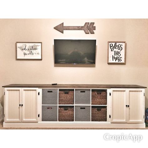 Farmhouse playroom. Ikea Kallax hack. Long playroom storage Tv Console With Toy Storage, Living Room Decor Ikea, Farmhouse Playroom, Loft Playroom, Ikea Playroom, Loft Area, Storage Ikea, Living Room Playroom, Basement Playroom