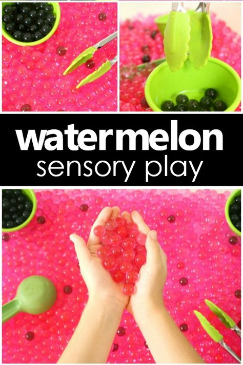 Watermelon Sensory Play -Water Bead Summer Sensory Activity for Preschoolers #kidsactivities #summer #prek #earlychildhood Summer Sensory Activities Preschool, Fruits Sensory Activities, Picnic Science Activities For Preschool, Fruit Sensory Play, Watermelon Sensory Bin, Summer Sensory Bin Preschool, Picnic Sensory Bin, Fruit Preschool Activities, Fruit Sensory Bin