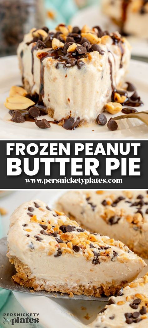 Frozen Peanut Butter Pie is a cold, creamy no bake dessert that is perfect for the peanut butter lover. This decadent dessert is the perfect treat for a hot summer day! Peanut Butter Pie No Bake, Frozen Peanut Butter Pie, Pie No Bake, Frozen Peanut Butter, Peanut Butter Desserts, Peanut Butter Protein, Peanut Butter Pie, Dessert Dips, Bake Dessert