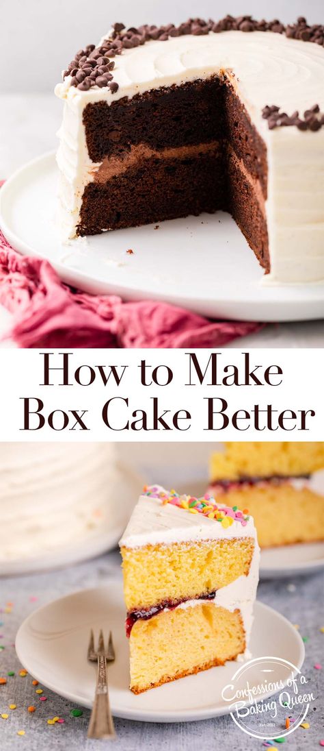 There are numerous tips and tricks to make box cake taste better. Ingredient swaps and additions will ensure you make your box cake taste the best it possibly can be! Box Cake To Bakery Cake, Upgrading Box Cake, Elevate Boxed Cake, How To Dr A Box Cake, Box Cake Substitutions, Making A Box Cake Taste Homemade, Dressed Up Box Cake, Enhanced Box Cake Recipes, How To Make Boxed Cake Better