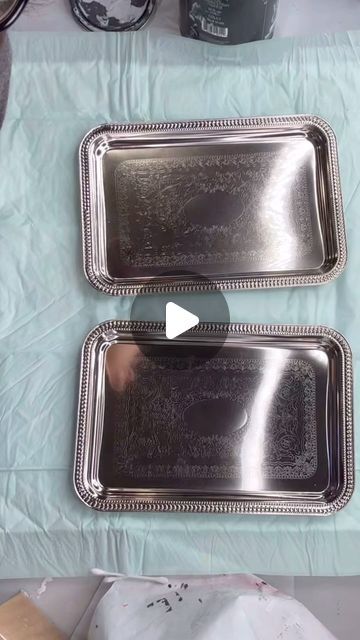 Dollar Tree Metal Tray Ideas, Dollar Tree Serving Tray Ideas, Decoupage Tray Ideas, Metal Tray Makeover, Silver Trays Decor Ideas, Silver Tray Decor, Diy Trays, Chalk It Up Fancy, Decoupage Tins