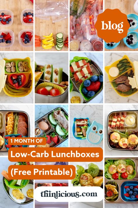 Low-Carb Lunches for Kids: 1-Month Of Ideas PRINTABLE list.: STOP figuring out what to put inside low-carb lunches for kids ... we&apos;ve got 20 ideas perfect for school days PLUS bonus FREE printable list. Low Fat Meal Prep, Healthy Lunch To Go, Lunches For Kids, Keto Lunches, Keto Board, Spring Lunch, Healthy Lunches For Kids, No Carb Recipes, Low Carb Meal Plan