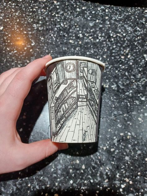 I sketched on a paper cup in math class and this became a thing <3 Mini Boutique, Coffee Cup Art, Styrofoam Cups, Paper Coffee Cup, Cup Sleeve, Cup Art, Building Art, Math Class, Cool Art Drawings