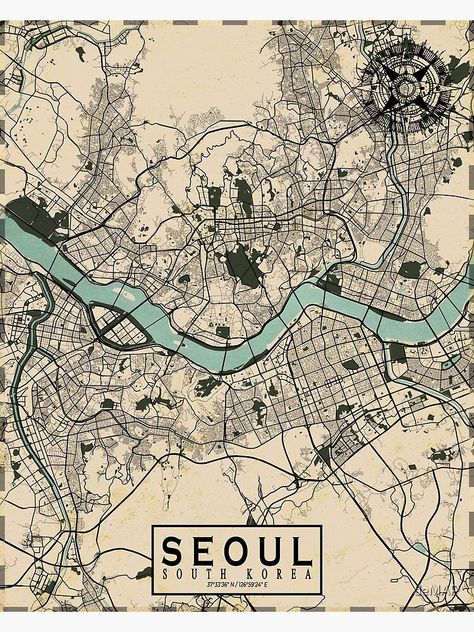 "Seoul City Map of South Korea - Vintage" Poster by deMAP | Redbubble Seoul Map Illustration, Vintage Map Drawing, Map Of South Korea, Map Of Seoul, Seoul Poster, Map Art Illustration, Maps Illustration Design, City Map Drawing, City Maps Illustration